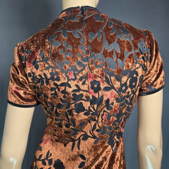 Vintage 90s Brown Floral Velvet Maxi Dress Size 8 Asian Cocktail Gothic Vampy - Picture 10 of 13